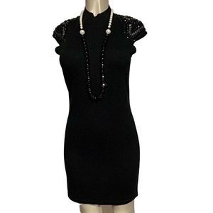 Design History Sweater Dress Women's Medium Black Fitted Cap Sleeves Embellished